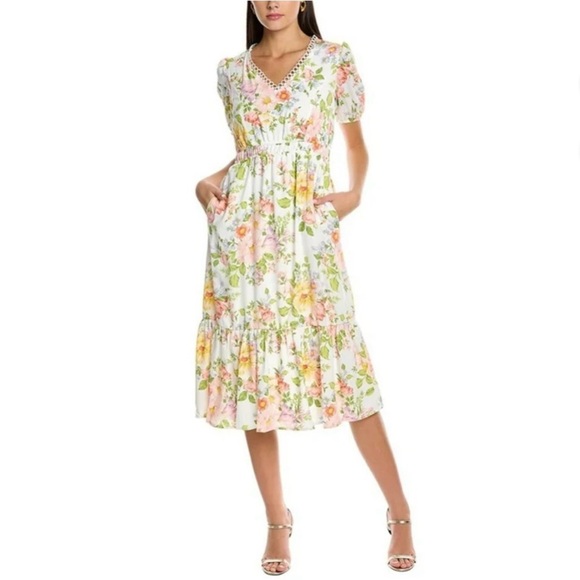 Tahari White Floral Print Ruffle Hem Dress Size 6 Romantic Feminine Fairy - Picture 1 of 12